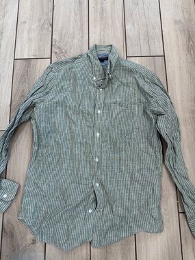 Banana republic green and white striped Linen Button-Down Shirt